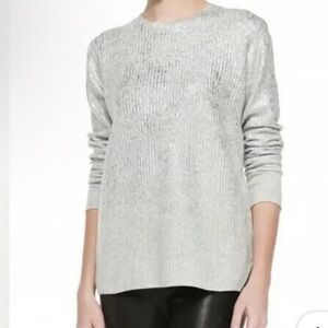 Rebecca Taylor Lambswool Cashmere Silver Metallic Foil Zipper Sides Sweater